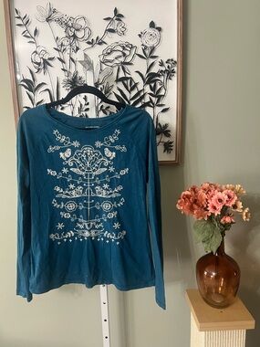 George & Martha Teal Blue Cotton Folk-Style Embroidery Floral Leaf Bird Size S